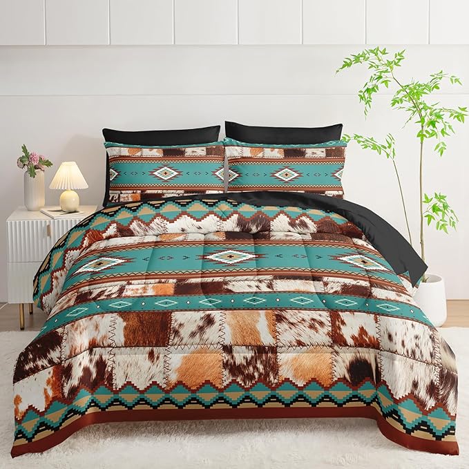 AILONEN Ethnic Cowhide Pattern Comforter Set Full,7-Piece Soft Bed in a Bag,Western Cow Fur Comforter & Fitted Sheet & Flat Sheet & 2 Pillowcases,2 Pillow Shams for Bedroom