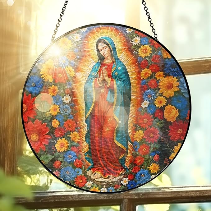 FLAGWIX Christian Gifts for Women - Virgen De Guadalupe Stained Glass Window Hanging 8 in - Religious Gifts for Women, Our Lady of Guadalupe Sun Catchers Indoor Window for Hanging Decor