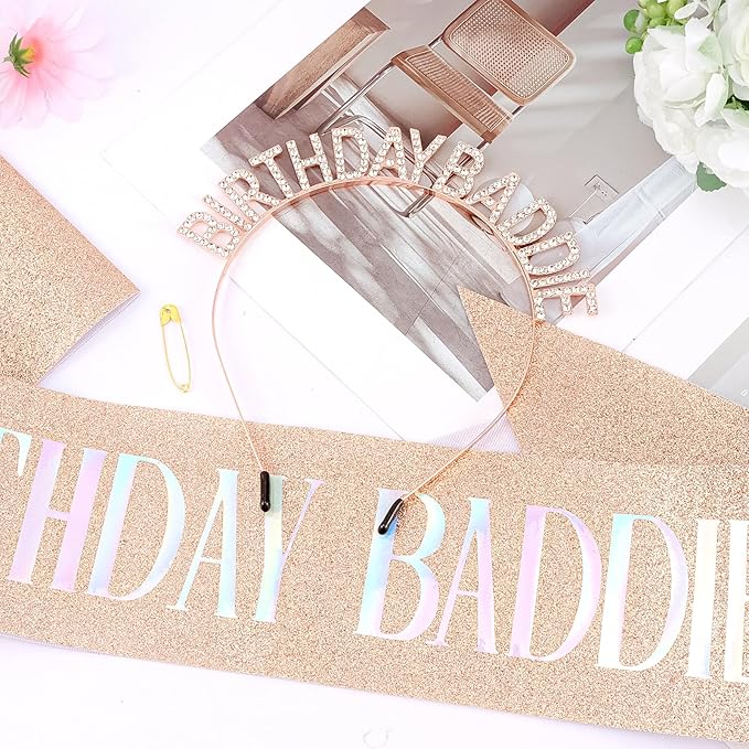 Canitor Birthday Baddie Sash Crown Set Birthday Party Favors Supplies Decorations & Accessories for Women Girl Men Adult Rhinestone Tiara Headband Soft Satin Sash