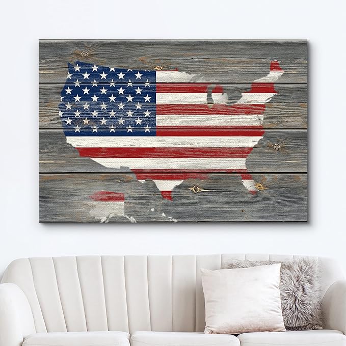 wall26 Canvas Print Wall Art American Flag Over United States Map on Wood Panel Architecture & Maps Cultural Illustrations Modern Art Traditional Multicolor for Living Room, Bedroom, Office - 16"x24"