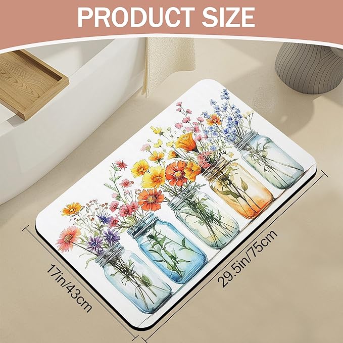 Color Floral Bath Mat,Diatomaceous Earth Bath Mat,Rubber Backing Quick Dry Absorbent Washable Bathroom Rugs for Tub Non Slip 17"x29.5"