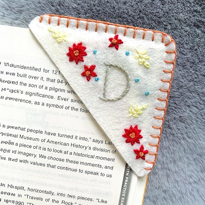 Personalized Hand Embroidered Corner Bookmark, Cute Flower Book Mark, Hand Stitch Gift for Women Book Lovers by HNQCPCVU (D, White)