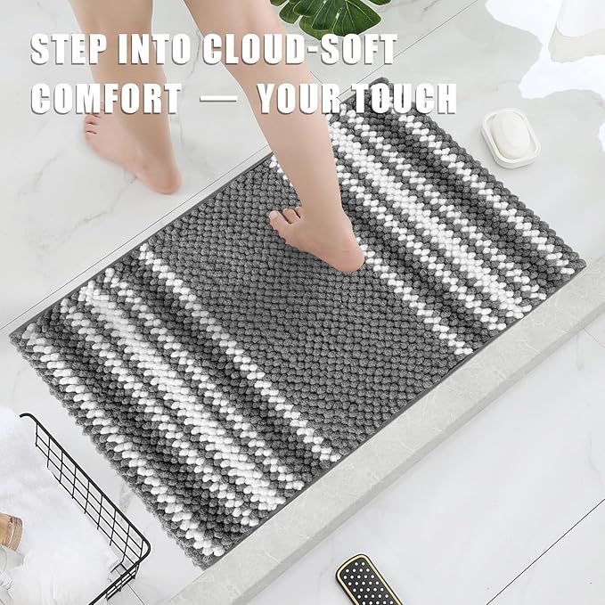 HDFK Bath Mat & Bathroom Rugs, Ultra Soft Looped Chenille Popcorn, Super Absorbent & Non-Slip, Odorless Hot Melt Adhesive Carpet, Striped Shower Rug for Bathtub Floors (32x20 Inch, Black Gray, White)