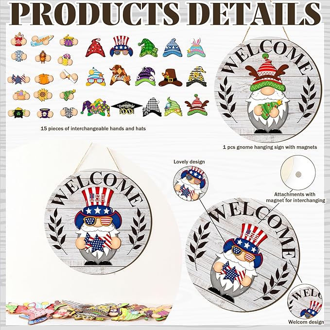 Qunclay Interchangeable Wooden Gnome Decor Holiday Seasonal Gnome Decorations with Magnet Pieces and Detachable Hats Changeable Welcome Sign for Home(White)