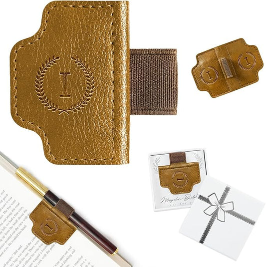 BygoneMark Magnetic Leather Bookmark with Pen Holder, Personalized Custom Initial Page Marker & Pen Clip, Professional Book Accessory for Students (Light Brown-I)