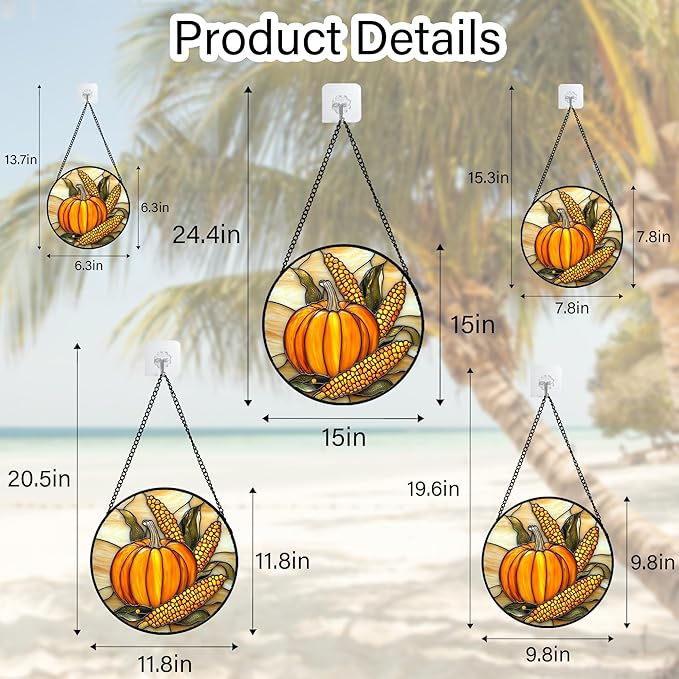 Stained Glass Window Hanging Autumn Harvest Pumpkin Corn 9.8" - Suncatcher Door Garden Kitchen Sunroom Sun Catcher Fall Home Decor Birthday for Mom Grandma Men Woman