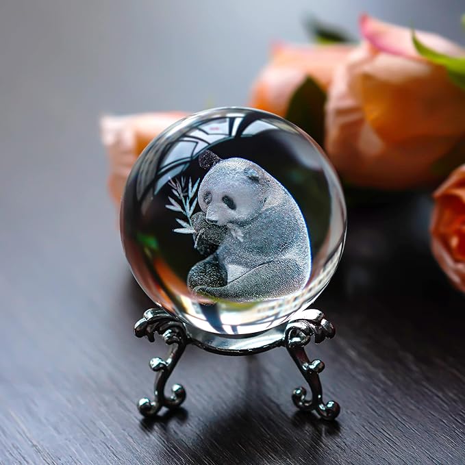 ZEERSHEE 60mm Glass Laser Engraved Panda Ball with Stand Crystal Cute Panda Collectibles Figurines Table Centerpieces Paperweights Decoration for Home Panda Gifts for Women