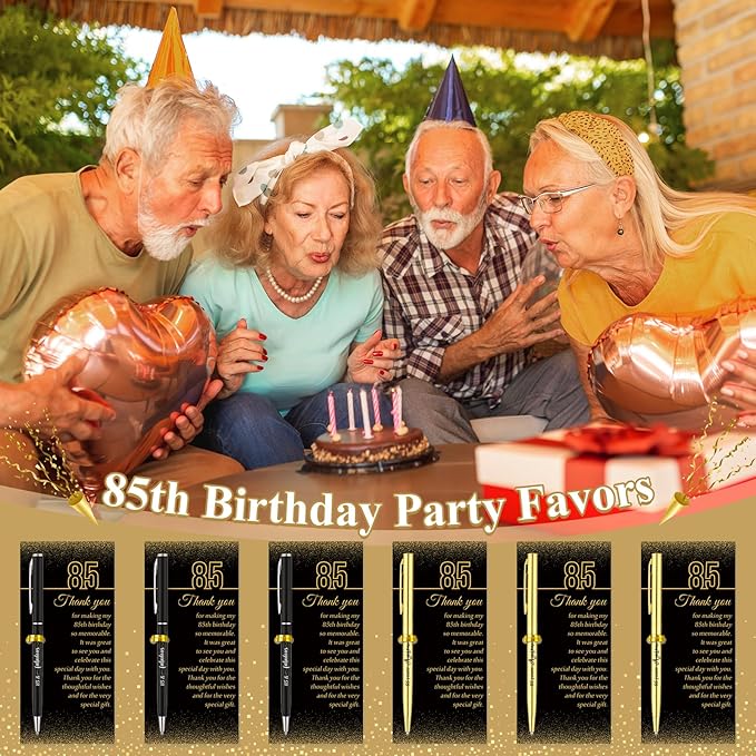 25 Sets 85th Birthday Themed Party Favors for Guests Including Birthday Ballpoint Pens and Black Gold Thank You Cards for Guests Anniversary Appreciation Gifts