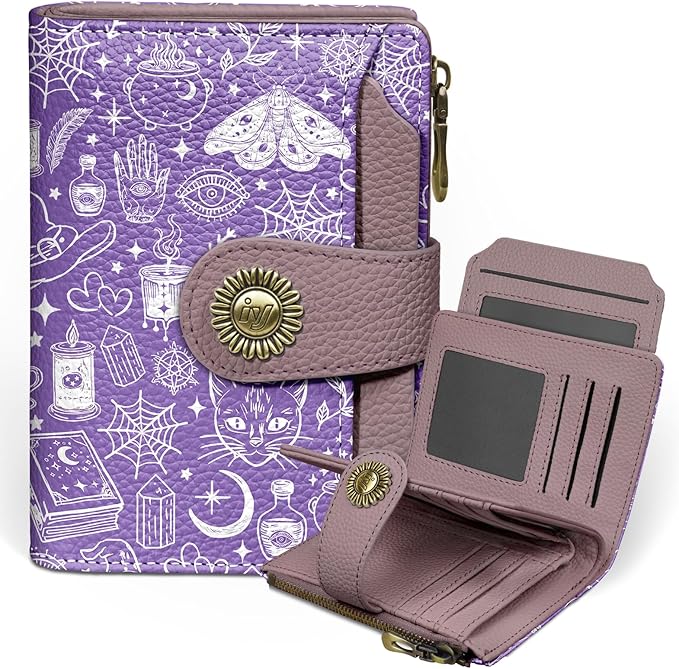 Goth Gothic Small Wallet Women RFID Blocking Bifold, Credit Card Holder, Zipper Coin Pocket, Witchy Magic, PU Leather, Compact, Travel, 4 ID Window, 14 Card Slots, Cash Purse, Ladies Woman