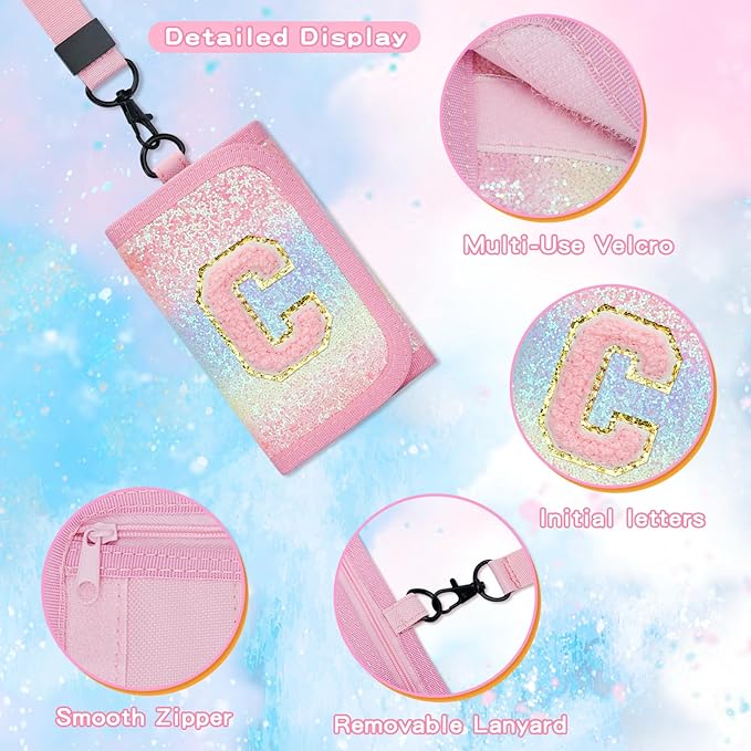Gifts for Girls 3 4 5 6 7 8 9 10 11 12 Years Old Kids Wallet Cute Initial Coin Purse Toddler Wallet with Magic Sticker(Shiny Rainbow, C)