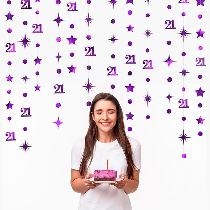 Purple Number 21 Circle Dot Twinkle Star Garland Metallic Hanging Streamer Bunting Banner Backdrop Decoration for Girls Boys 21st Birthday Finally Legal Twenty One Anniversary Wedding Party Supplies
