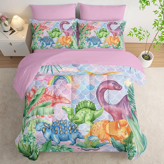 Pastel Dinosaur Comforter Set (7 Piece) - Mermaid Scale Kids Bedding, Pink Blue Purple Dinosaur Quilt Set for Boys Girls, All Season Microfiber Bed Set with Shams, Flat/Fitted Sheet (Twin)