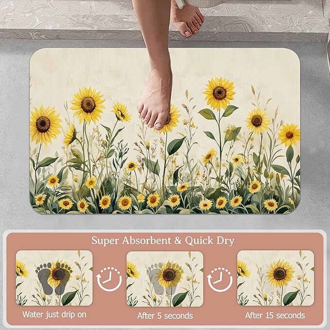 Yellow Floral Bath Mat,Sunflower Daisy Diatomaceous Earth Bath Mat,Rubber Backing Quick Dry Absorbent Washable Bathroom Rugs for Tub Non Slip 17"x29.5"
