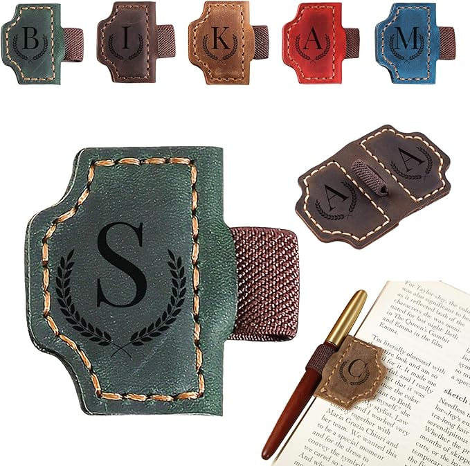 Magnetic Bookmarks with Pen Holder, 26 Letters Name Initia Personalized Leather Book Mark, Gifts for Book Lovers Readers Teacher Women Men