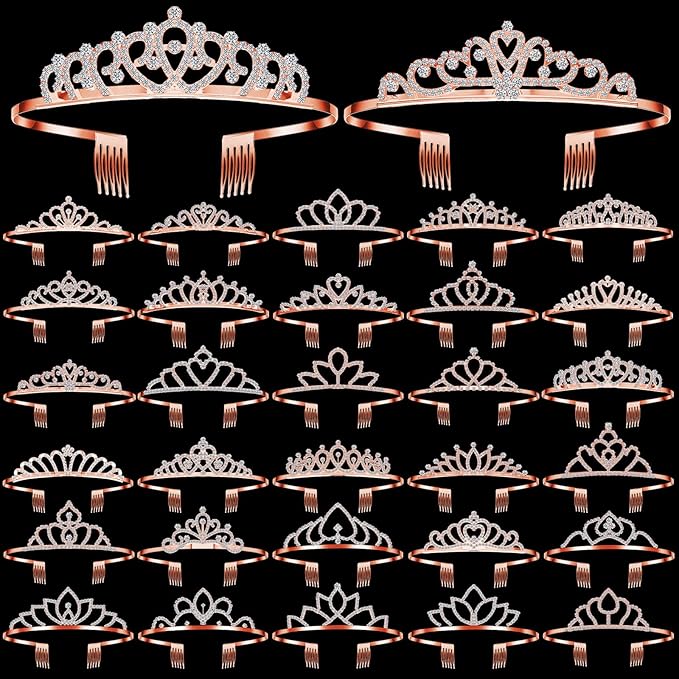 Lyrow 30 Pcs Tiara Crowns for Women Bulk Galentines Day Party Favors Crystal Queen Crowns with Comb Headband Princess Tiaras for Birthday Wedding Halloween Christmas(Rose Gold)