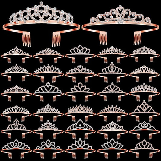 Lyrow 30 Pcs Tiara Crowns for Women Bulk Galentines Day Party Favors Crystal Queen Crowns with Comb Headband Princess Tiaras for Birthday Wedding Halloween Christmas(Rose Gold)