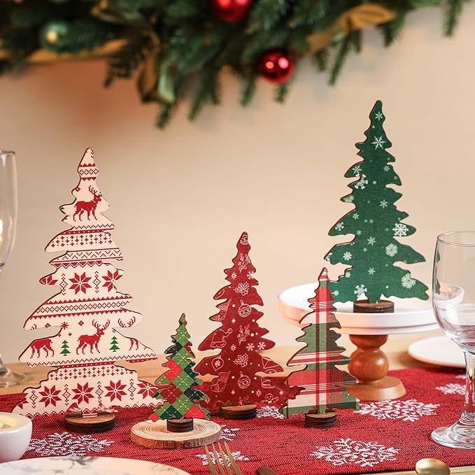 5 Pcs Wooden Christmas Tree Tabletop Decorations, Small Christmas Tree Set for Table Mantel Shelf Office Decor, Xmas Tiered Tray Decor, Xmas Tabletop Decoration