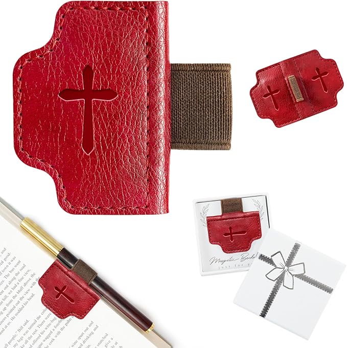 BygoneMark Magnetic Leather Bookmark with Pen Holder, Personalized Custom Initial Page Marker & Pen Clip, Professional Book Accessory for Students (Red-Cross)