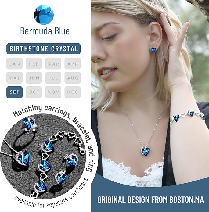 Leafael Valentine's Day Gift Necklaces for Women, Infinity Love Birthstone Heart Crystal Pendant, Birthday Anniversary Jewelry for Wife, Mom, and Her, Silver Plated, 18" + 2" Adjustable Chain