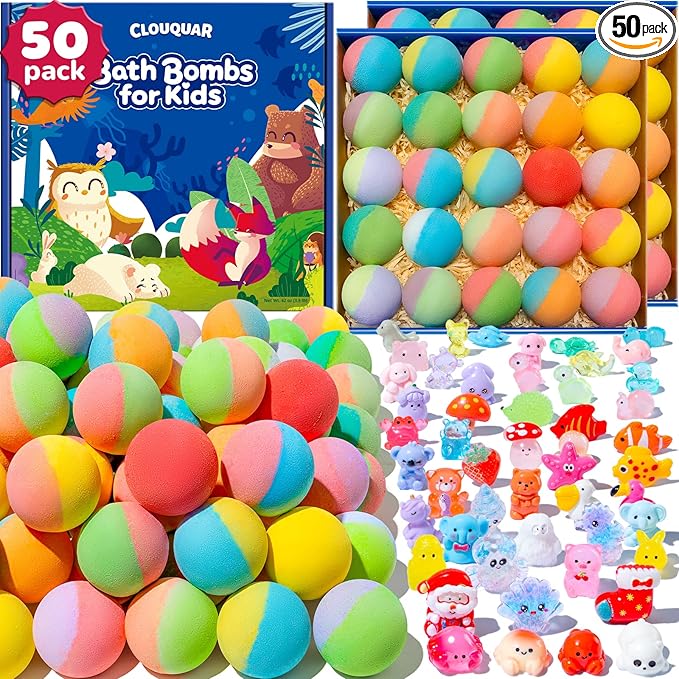 50 Pack Bath Bombs for Kids with Surprise Inside, Some Glow-in-The-Dark Toys, Natural Kid-Safe Handmade Fizzy Bath Balls, Fun Gift Set for Boys & Girls, Great for Christmas or 2025 Advent Calendar