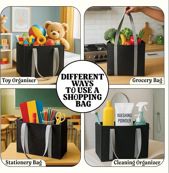 CRAFTYLINES Eco-Friendly Reusable Grocery Bags RECYCLED FROM 30 PLASTIC BOTTLES | Heavy-Duty Shopping Bags with Long Handles | Large Tote Bags, Foldable Organizer & Carry Basket For Kitchen (3 Pack)