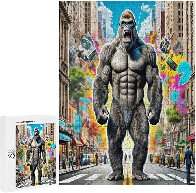 Funny Wooden Puzzle - Gorilla Attacks City Puzzle for Adult 500 Piece，Wooden Jigsaw Puzzles Art Leisure Game Fun Suitable Family Friends Educational Learning Games Gift