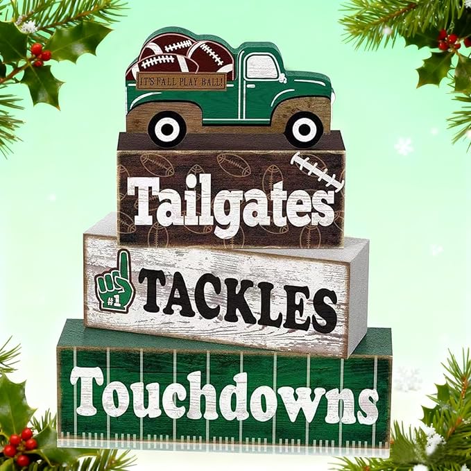 4 Pcs Football Decor, Rustic Football Wooden Signs for Room, Table, Shelf, Locker Room, Sports Centerpieces for Bedroom, Living Room, Coach & Senior Night Gifts