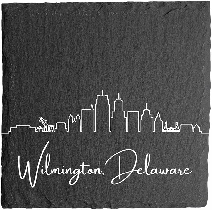 Blue Ridge Mountain Gifts - Wilmington DE Skyline Coasters, Set of 4 - Wilmington Delaware Souvenir, Slate Coasters with Minimalist Skyline, Housewarming Gift for Friends, & Neighbors Square