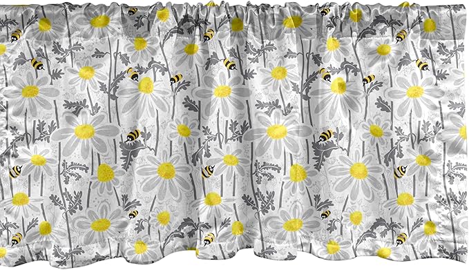 Ambesonne Yellow Window Valance, Pattern with Bees and Chamomile Daisy Flowers in Flourishing Meadow Nature, Curtain Valance for Kitchen Bedroom Decor with Rod Pocket, 54" X 18", Grey Yellow White