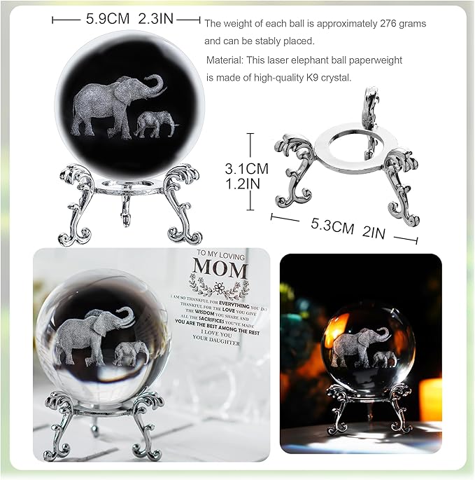 ZEERSHEE 60mm 3D Glass Laser Engraved Mother Son Elephants Crystal Ball with Stand Decorative Sphere Elephant Gifts for Women