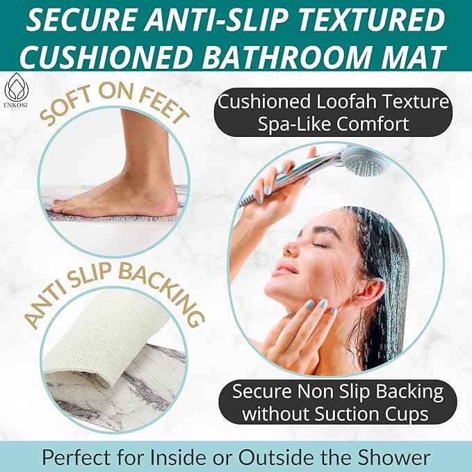 Enkosi Loofah Shower Mat with Drain Hole – Cushioned Anti-Slip Square Bath Mat for Showers, Wet Bathroom Floors – Textured PVC, Secure Non Slip Safety Pad for Walk-in Stalls (27x27 Marble Grey)