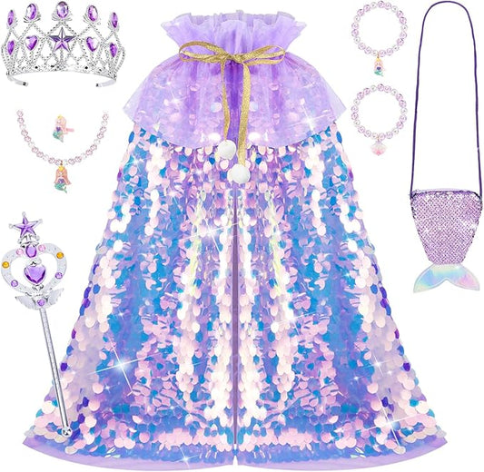 Meland Princess Dress Up for Girls 3-8, 11Pcs Mermaid Cape with Crown, Dress Up Clothes Birthday Gift Toys for Girls Toddlers