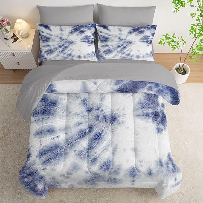 7Pcs Comforter Set Blue Tie Dye Printed Bedding Set with 1 Comforter, 1 Flat Sheet, 1 Fitted Sheet and 4 Pillowcases for Boys and Girls Bedroom All Season(Tie Dye Queen)