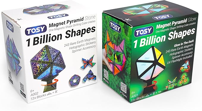 TOSY Magnet Pyramid - 1 Cube Transforms into 1 Billion Shapes, 12 Pieces, 243 Rare Earth Magnets, Glowing, Christmas Stocking Stuffers Gift for Kids, Creative Puzzle STEM Toy, Mixed Set