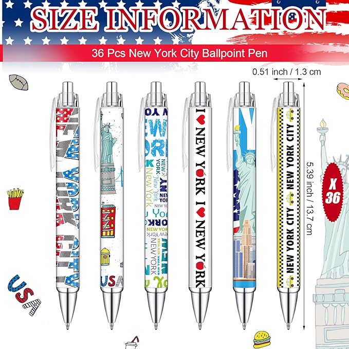 36 Pcs New York City Ballpoint Pen Collectible NYC Gift Pen Bulk Retractable NY Souvenir Souvenirs USA New York City Souvenirs for Office Supplies, 6 Styles, Black Gel Ink