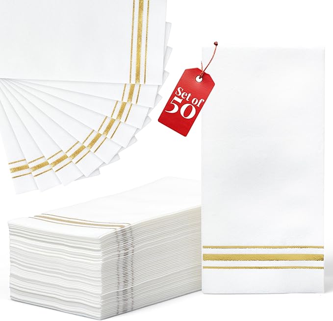 Prestee Disposable Guest Towels for Bathroom - Linen-Like Paper Hand Towels - White with Gold Stripes - 7.8"x4" Folded - 50 Count - Elegant Bathroom Napkins for Events and Parties