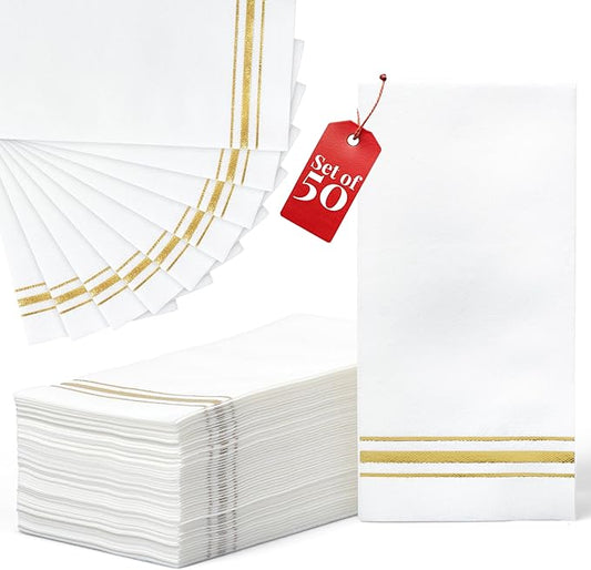 Prestee Disposable Guest Towels for Bathroom - Linen-Like Paper Hand Towels - White with Gold Stripes - 7.8"x4" Folded - 50 Count - Elegant Bathroom Napkins for Events and Parties