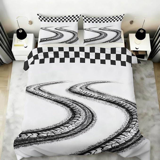 Racing Tire Track Duvet Cover California King Black White Checkered Flag Bedding Set Motorsport Checkered Flag Comforter Set Sporty Motorsport Duvet Cover with Zipper Ties for Bedroom