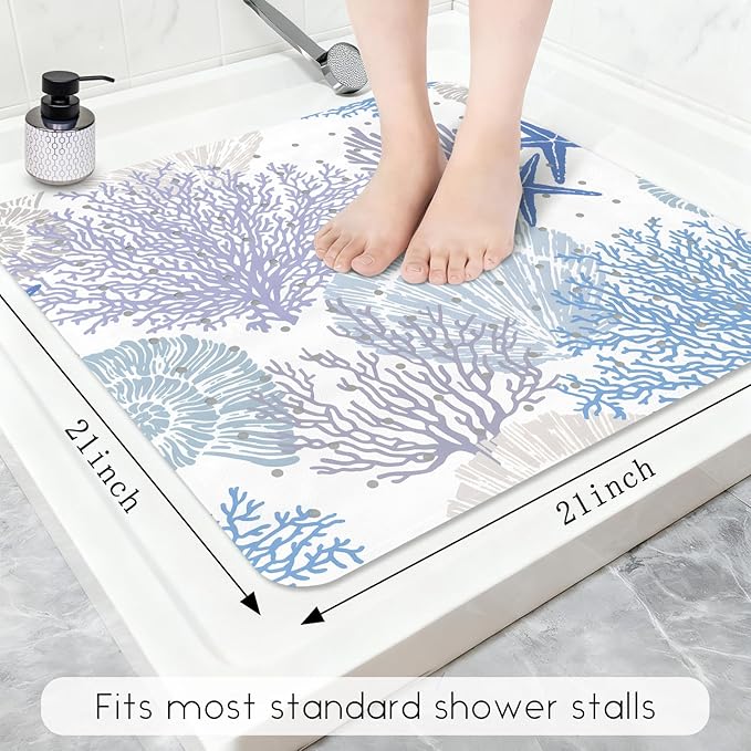Bathtub Mat Non Slip, Square Bath tub Mat Shower Floor Mat with Suction Cups for Adults Kids Elderly 21 X 21 Inch