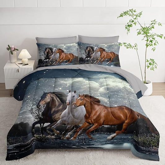 7Pcs Comforter Set 3D Western Horses Printed Bedding Set with 1 Comforter, 1 Flat Sheet, 1 Fitted Sheet and 4 Pillowcases for Boys and Girls Bedroom All Season(Horses Full)