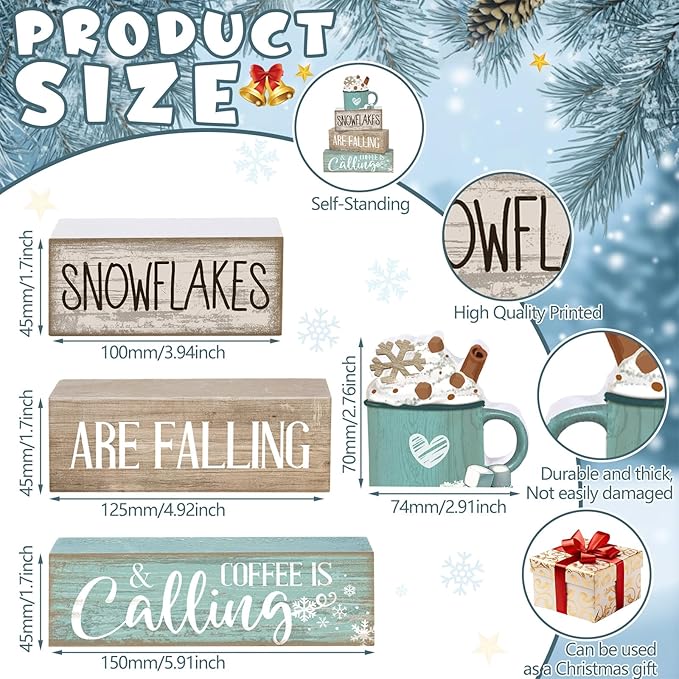 4 Pcs Winter Table Decor Wooden Milk Cocoa Decoration Winter Tiered Tray Centerpiece Decorative Blue Hot Cocoa Block Signs Gift Farmhouse Decoration for Home Kitchen