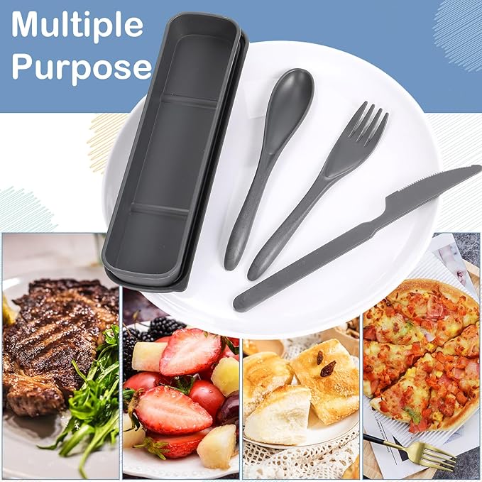 Yahenda 28 Sets Reusable Travel Utensils Set with Case Wheat Straw Cutlery Portable Spoon Knife Forks Plastic Tableware Lunch Box Accessories Bulk for Adults Travel Picnic Camping Utensils(Cold Color)