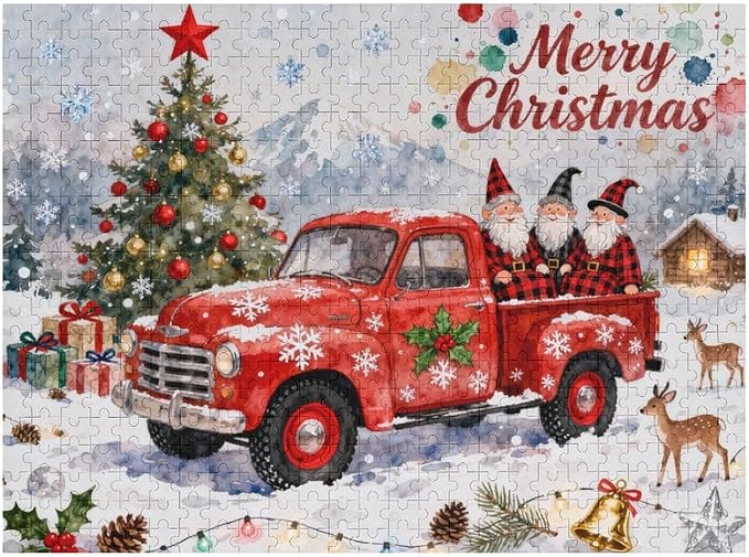 Merry Christmas-Red Car Gnomes 1000-Piece Wooden Jigsaw Puzzle, Christmas Puzzle, Holiday Gnome Scene, Cozy Indoor Fun, Family Entertainment, Mindful Leisure Activity