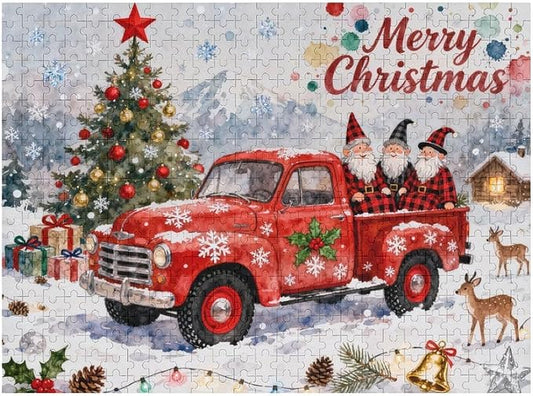 Merry Christmas-Red Car Gnomes 1000-Piece Wooden Jigsaw Puzzle, Christmas Puzzle, Holiday Gnome Scene, Cozy Indoor Fun, Family Entertainment, Mindful Leisure Activity