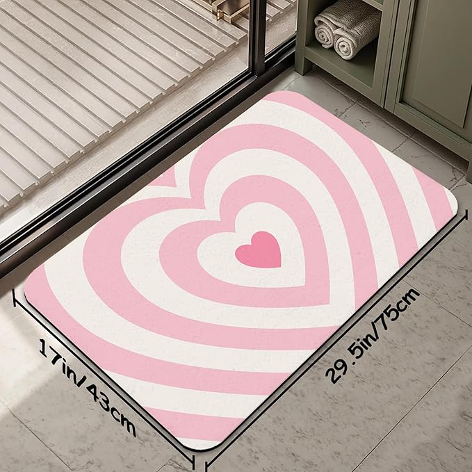 Pink Love Heart Bathroom Rug 29.5"x17", Super Absorbent Fast Drying Bath Mat with Non-Slip Rubber Backing, Thin Low-Profile Easy-Clean Bathroom Floor Mat for Shower or Tub