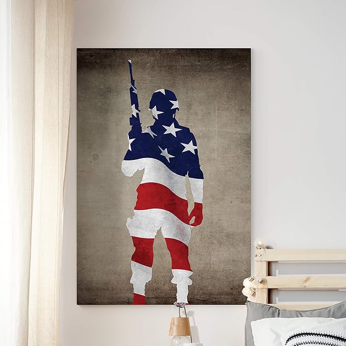 Renditions Gallery Canvas Military Wall Art Modern Paintings & Prints Decorations Victorious Flag Draped Veteran Modern American Heroes Wall Hanging for Bedroom Office Kitchen - 16"x20" LT25
