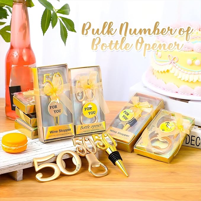 Hushee 30 Pcs 50th Birthday Party Favors for Guests Birthday Bottle Opener Golden Wine Stoppers with Rhinestones for Adults Women Wedding Party Anniversary Souvenirs Keepsakes