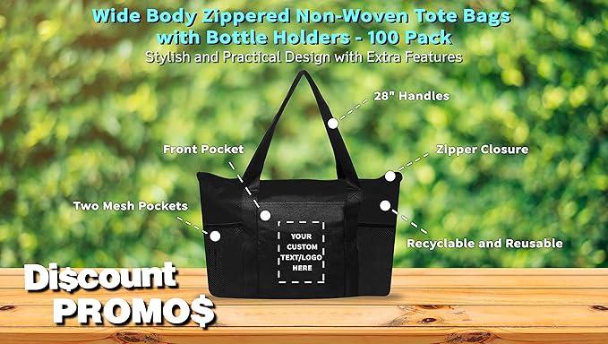 DISCOUNT PROMOS 100 Zippered Non-Woven Tote Bags Set - Customizable Text, Logo - Mesh Pocket, Zippered, Recyclable, Reusable - Black - 19"X14"X3", with Zipper