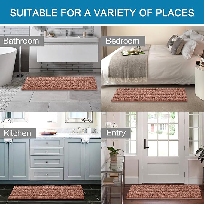 H.VERSAILTEX 2 Piece Set Bathroom Rugs Bath Mats Sets Super Absorbent Chenille Striped Bath Mats Non Skid Machine Wash Dry Rugs for Bathroom Floor (Muted Clay, 47 x 17 Plus 17 x 24 - Inches)