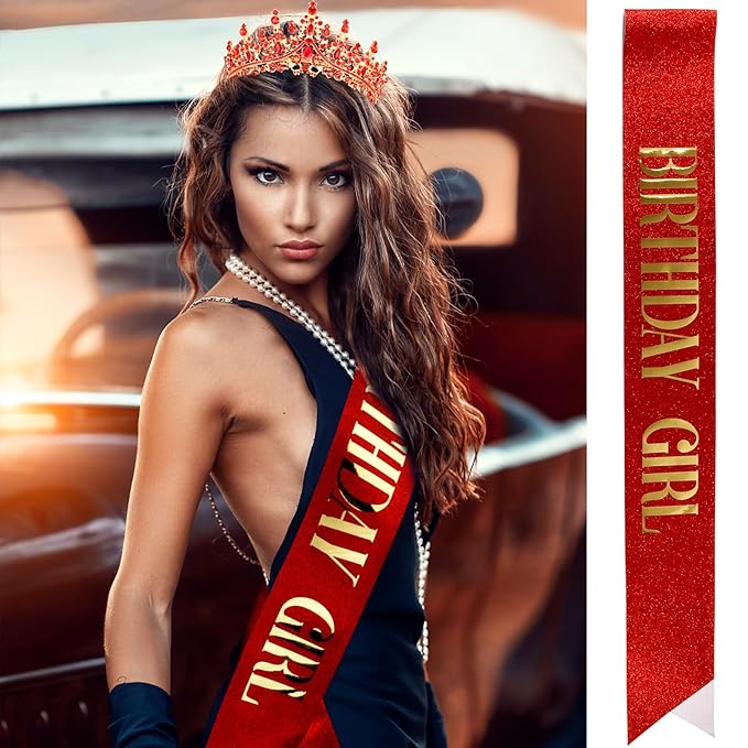 Velscrun Red Crystal Birthday Tiara Crowns for Women Girls Elegant Princess Crown with Combs Birthday Girl Headband Sash Happy Birth Party Decorations Birth Gift Cake Topper Hair Accessories